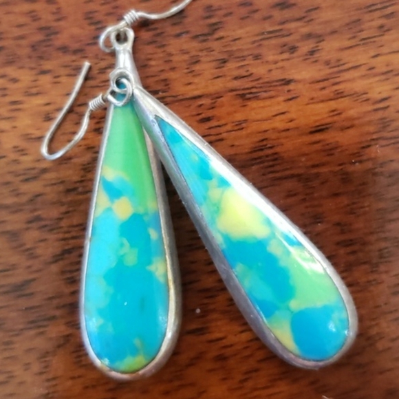 VINTAGE Sterling Silver Enamel Teardrop Earrings • Modernist Dangle - Picture 3 of 11
